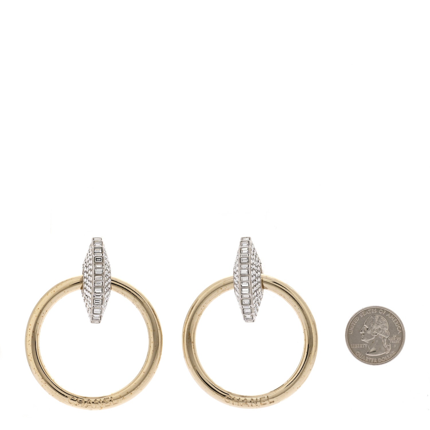 Chanel Baguette Crystal Hoop Clip On Earrings Gold 2 of 5