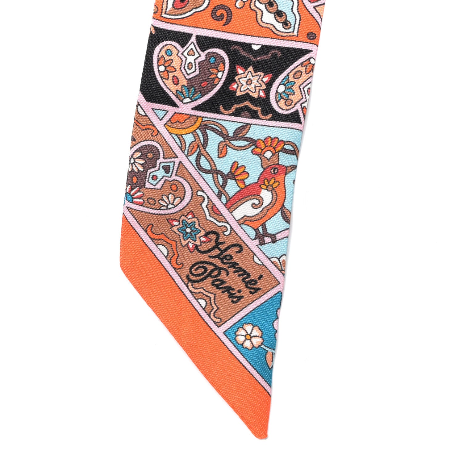 Hermes Silk Au Pays Des Oiseaux Fleurs Twilly Orange Brun Saumon 2 of 4