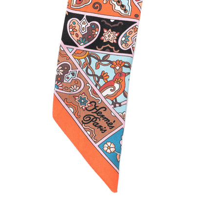 Hermes Silk Au Pays Des Oiseaux Fleurs Twilly Orange Brun Saumon 2 of 4