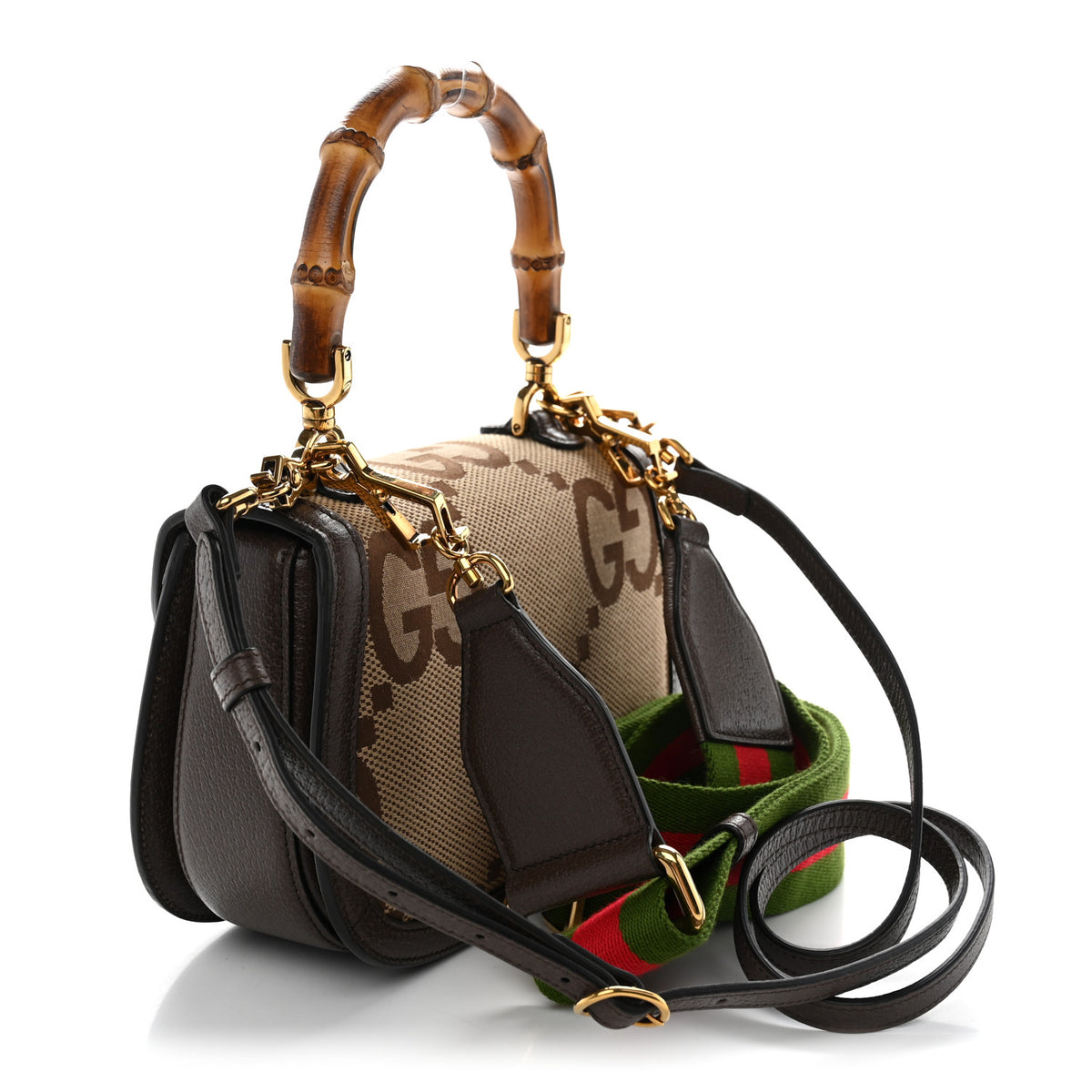 Gucci Monogram Jumbo GG Textured Dollar Calfskin Web Small Bamboo 1947 Top Handle Bag Camel Ebony New Acero 3 of 10