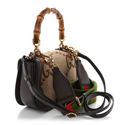 Gucci Monogram Jumbo GG Textured Dollar Calfskin Web Small Bamboo 1947 Top Handle Bag Camel Ebony New Acero 3 of 10