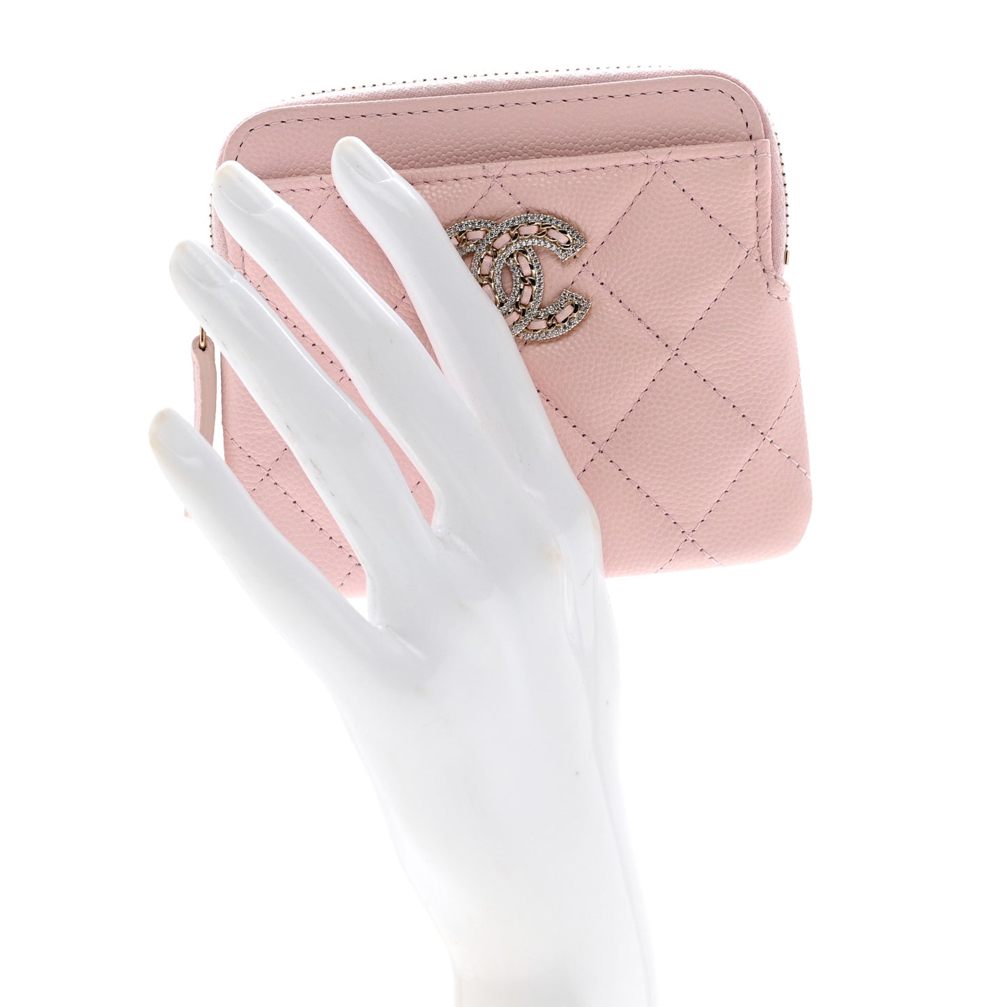 Caviar Quilted Crystal Zip Card Holder Wallet Light Pink