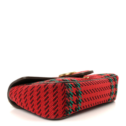 Gucci Wool Tweed Textured Dollar Calfskin Matelasse Diagonal Plaid Small GG Marmont Shoulder Bag Red Green Multicolor New Acero 4 of 11