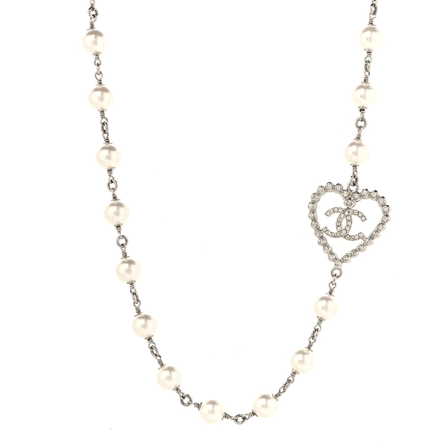 Crystal Pearl CC Heart Necklace Silver