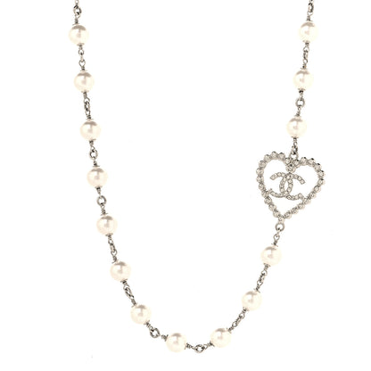 Chanel Crystal Pearl CC Heart Necklace Silver 1 of 5