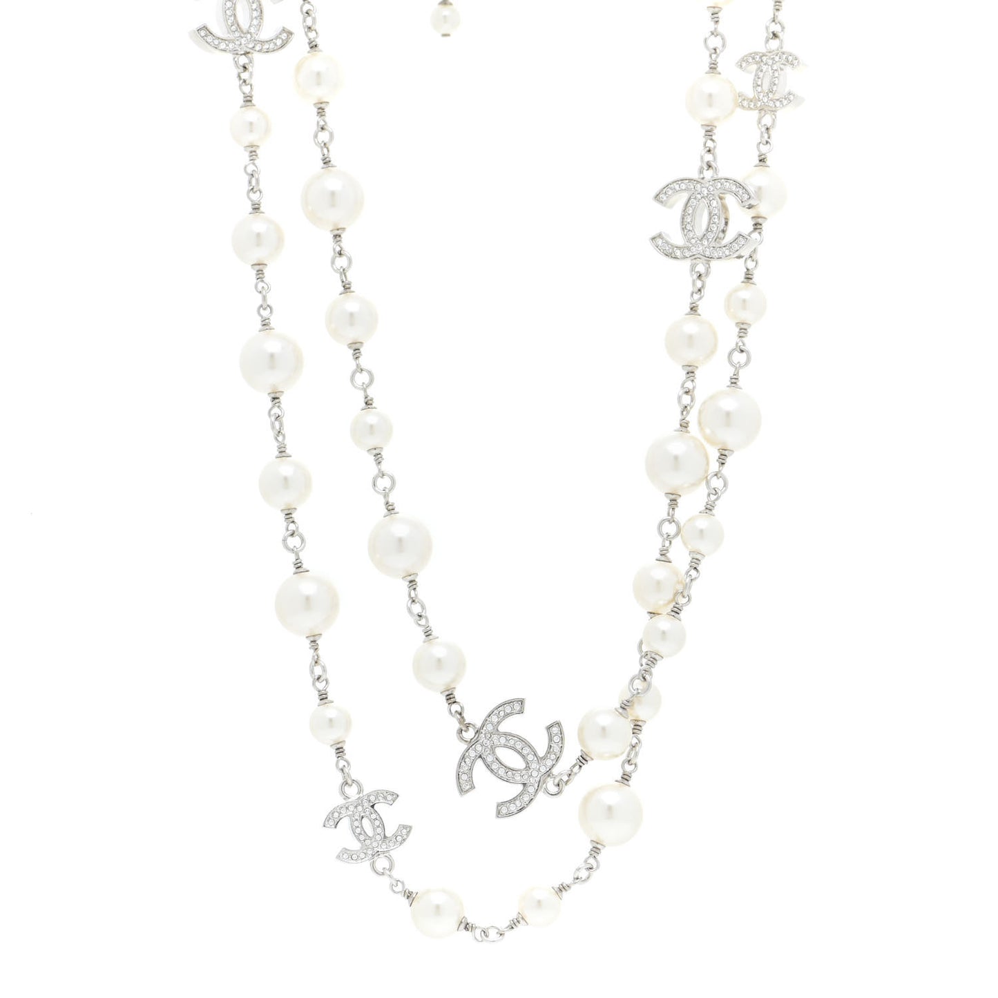 Crystal Pearl CC Long Necklace Silver