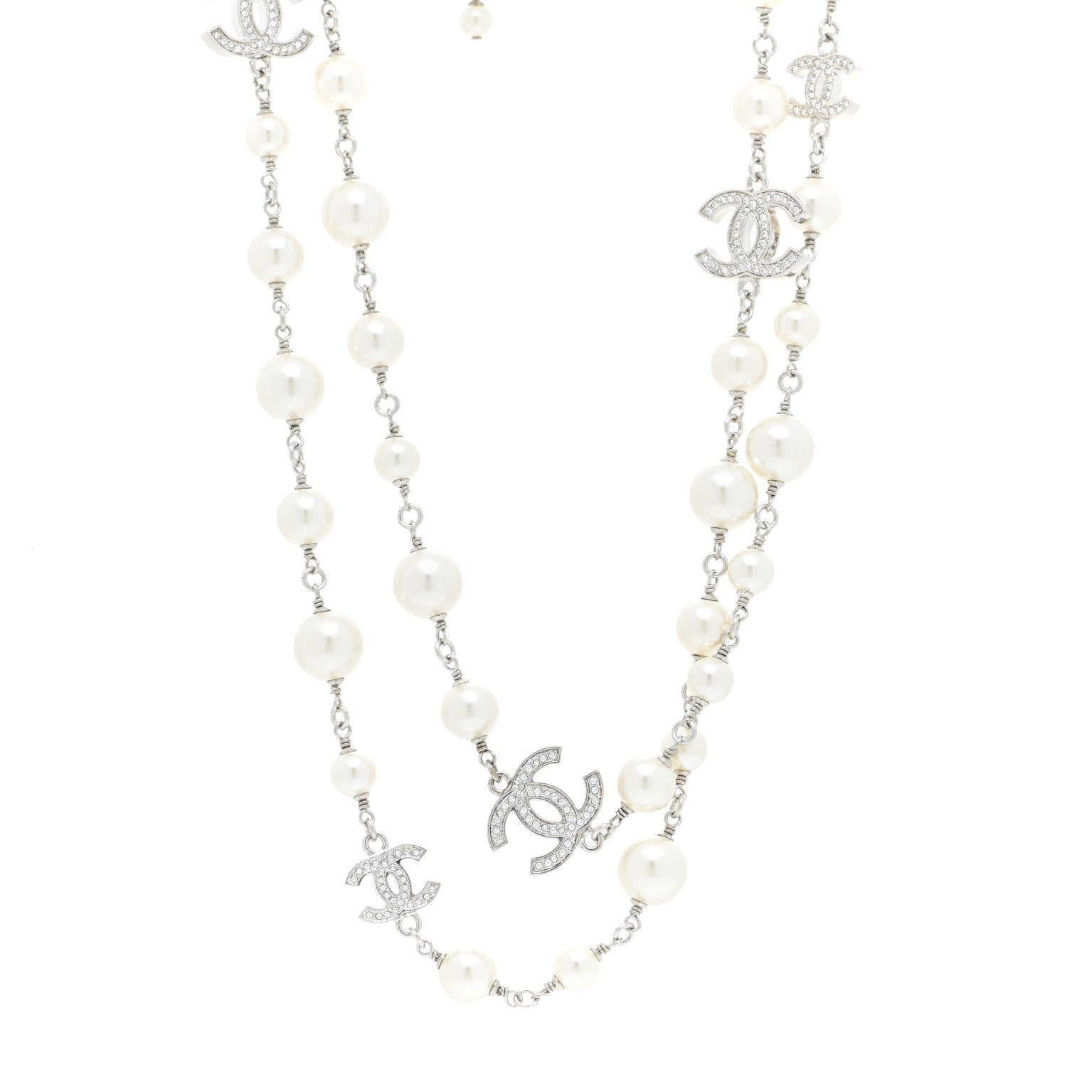 Chanel Crystal Pearl CC Long Necklace Silver 1 of 6