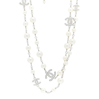 Chanel Crystal Pearl CC Long Necklace Silver 1 of 6