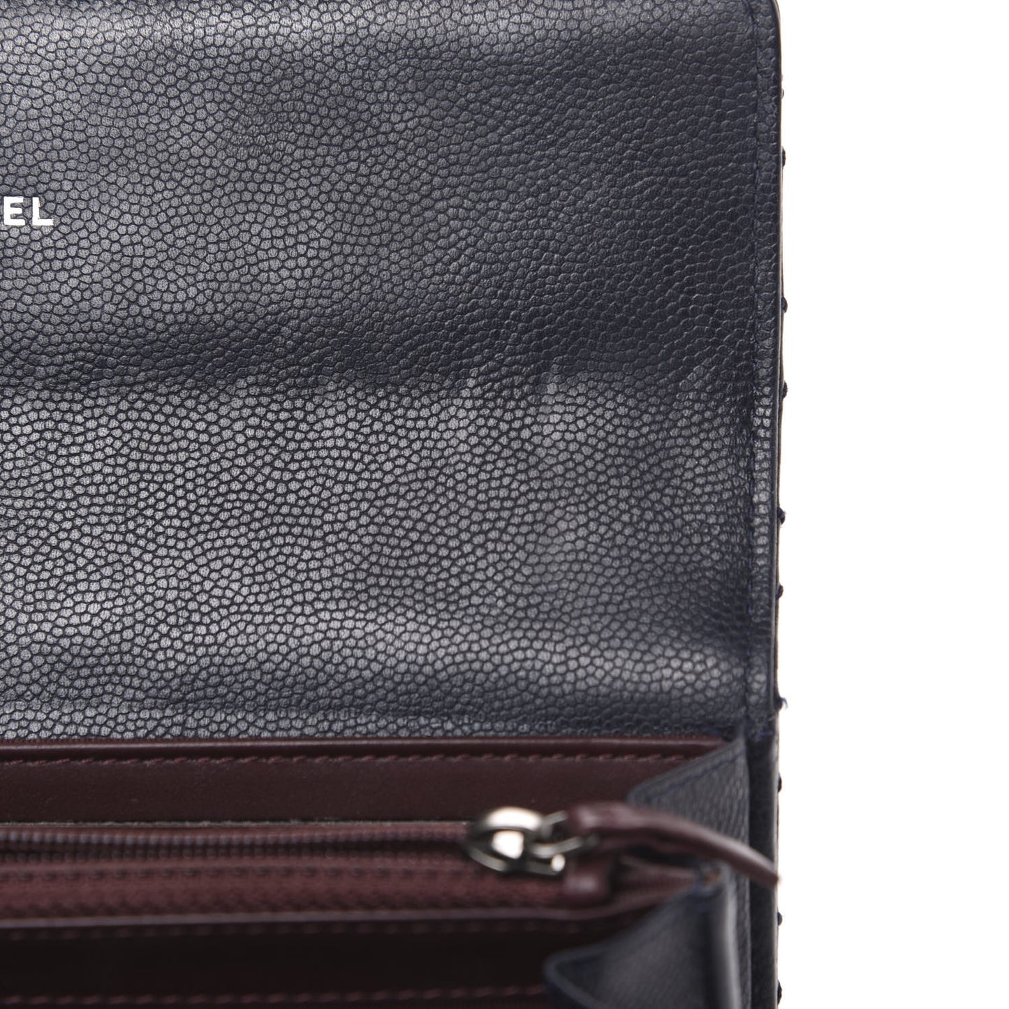Grained Calfskin Stitched Quilted CC Long Wallet Navy