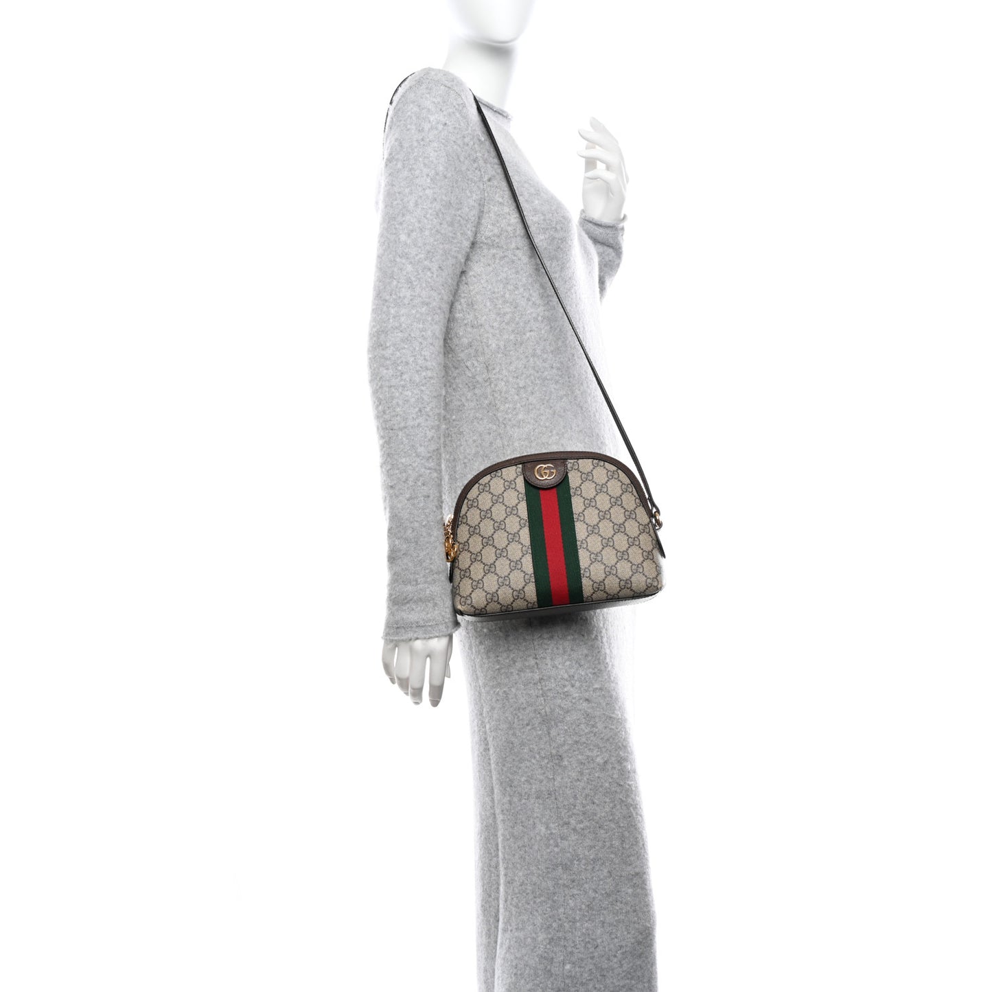 GG Supreme Monogram Textured Dollar Calfskin Web Small Ophidia Dome Shoulder Bag Beige Ebony New Acero