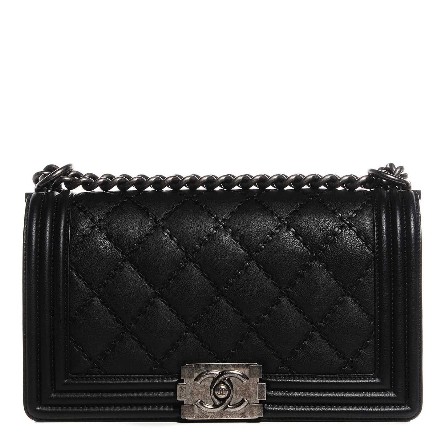 Calfskin Quilted Double Stitched Medium Boy Flap Black