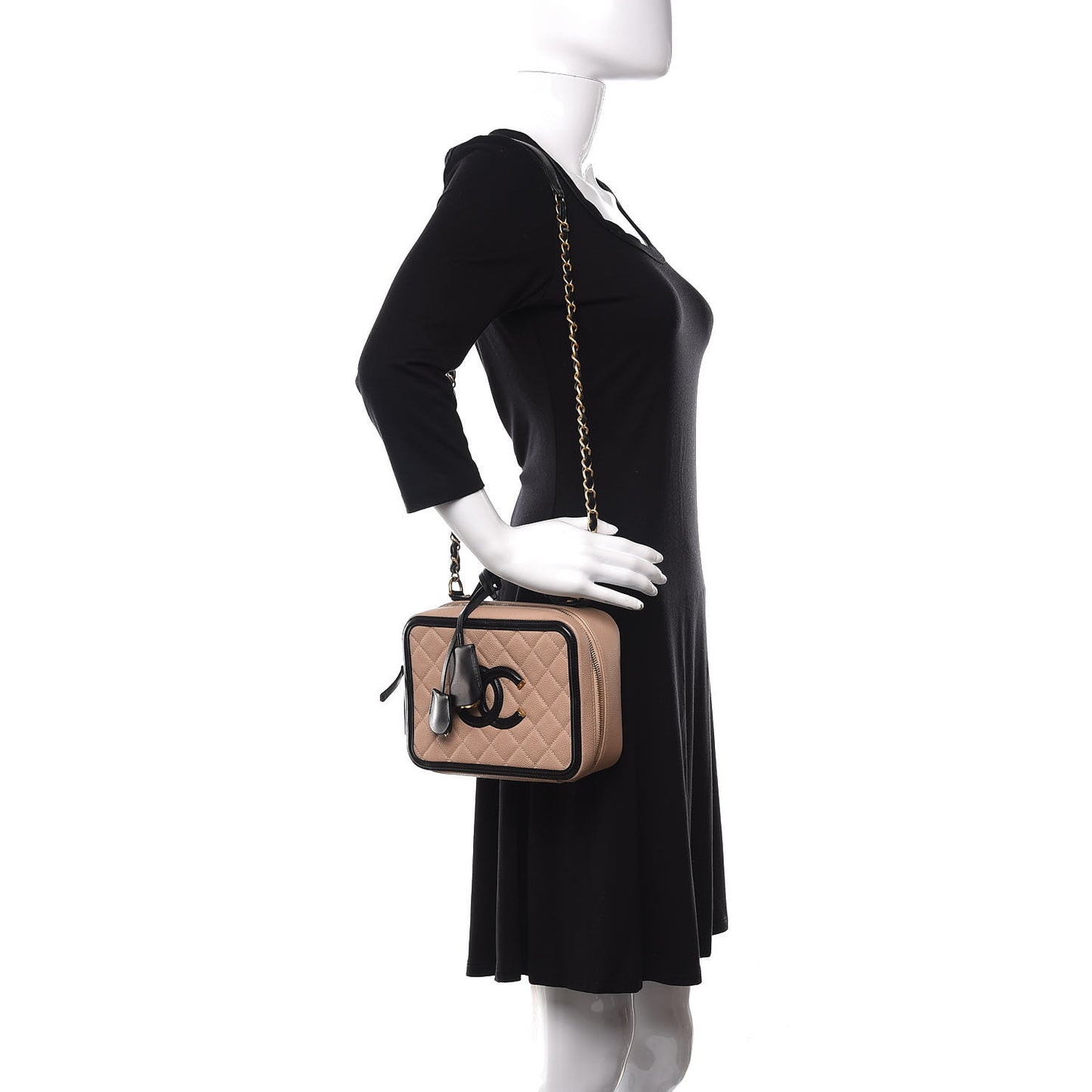Caviar Quilted Medium CC Filigree Vanity Case Beige Black
