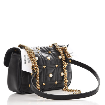 Gucci Calfskin Matelasse Studded Mini Pearly GG Marmont Shoulder Bag Black 3 of 7