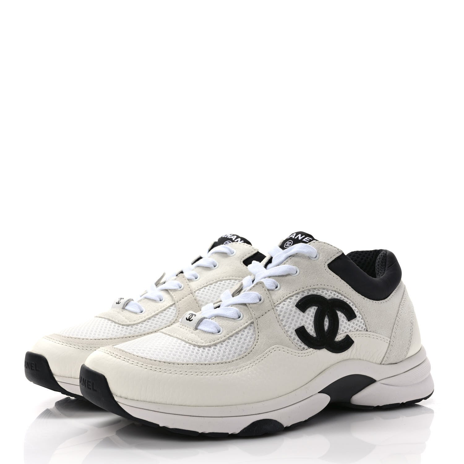 Chanel Mesh Suede Calfskin Grained Calfskin Womens CC Sneakers 40 White Black 3 of 8