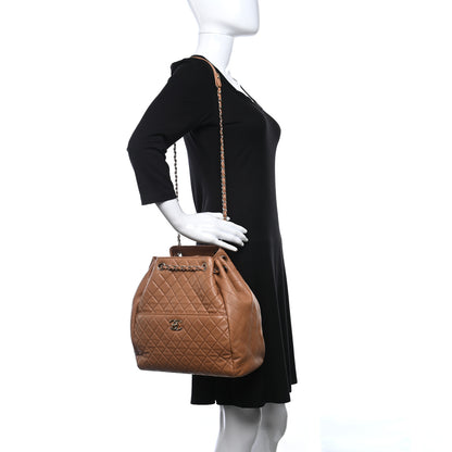 Chanel Lambskin Quilted Large Drawstring Shoulder Bag Dark Beige 2 of 9