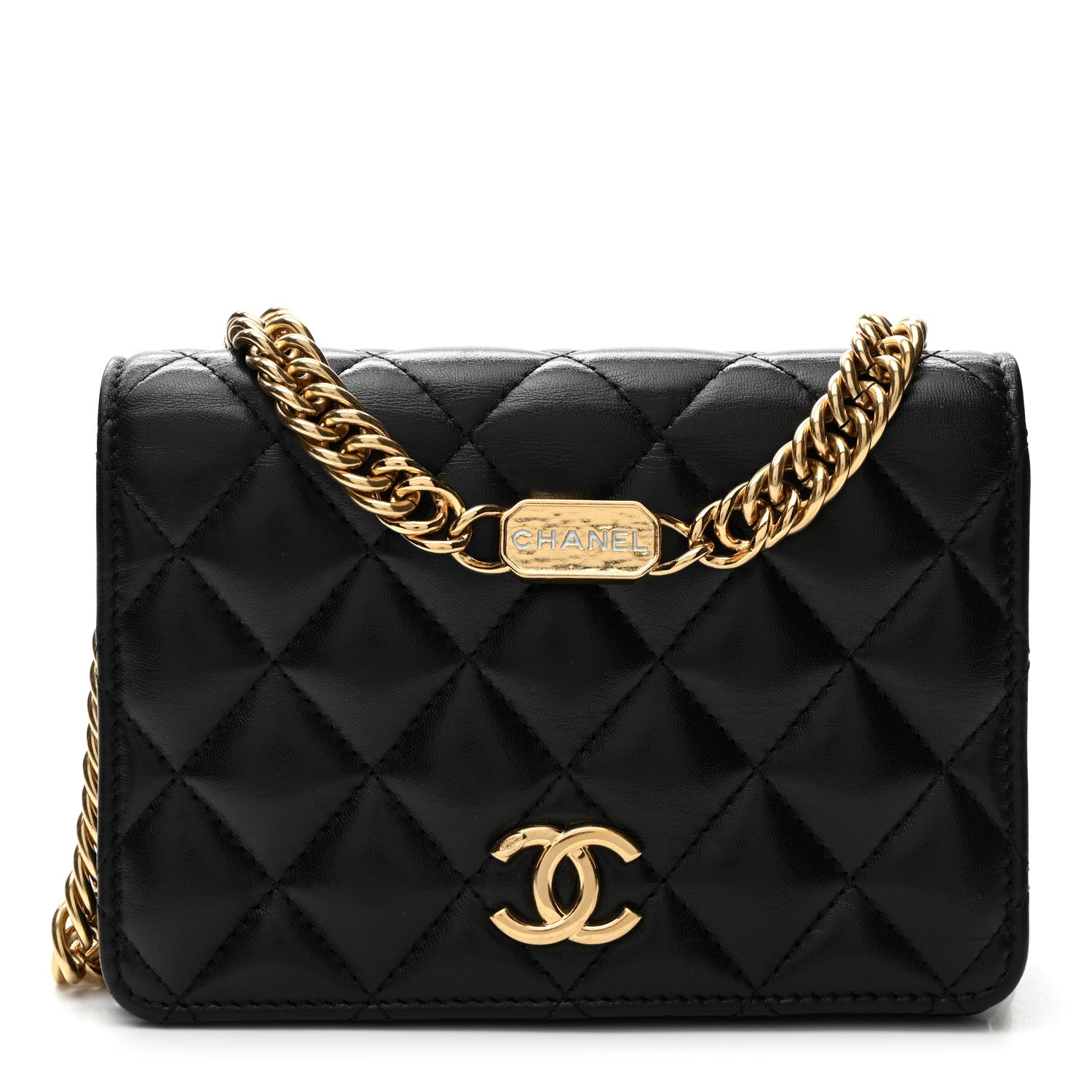 Chanel Lambskin Quilted Enamel Logo Clutch on Chain WOC Black 1 of 12