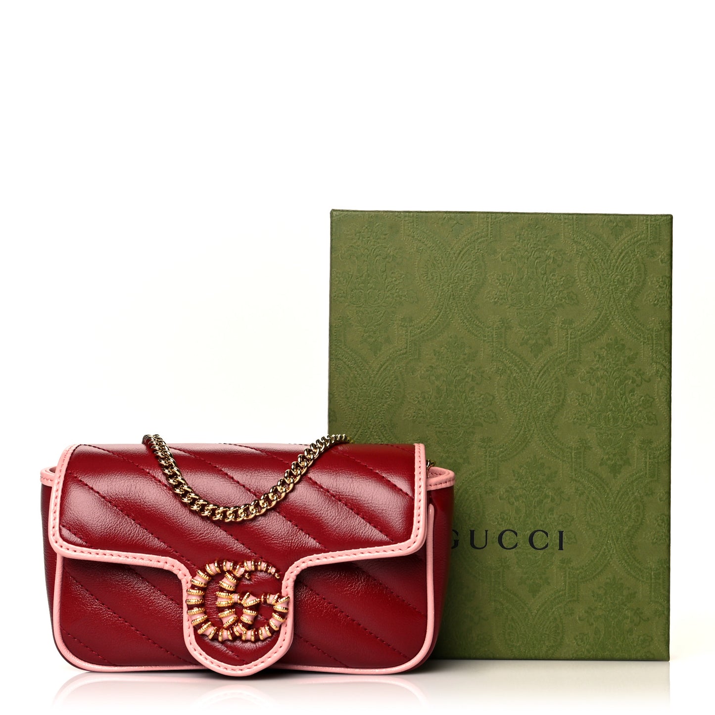 Azalea Calfskin Enamel Matelasse Diagonal Super Mini Torchon GG Marmont Shoulder Bag New Cherry Red Wild Rose