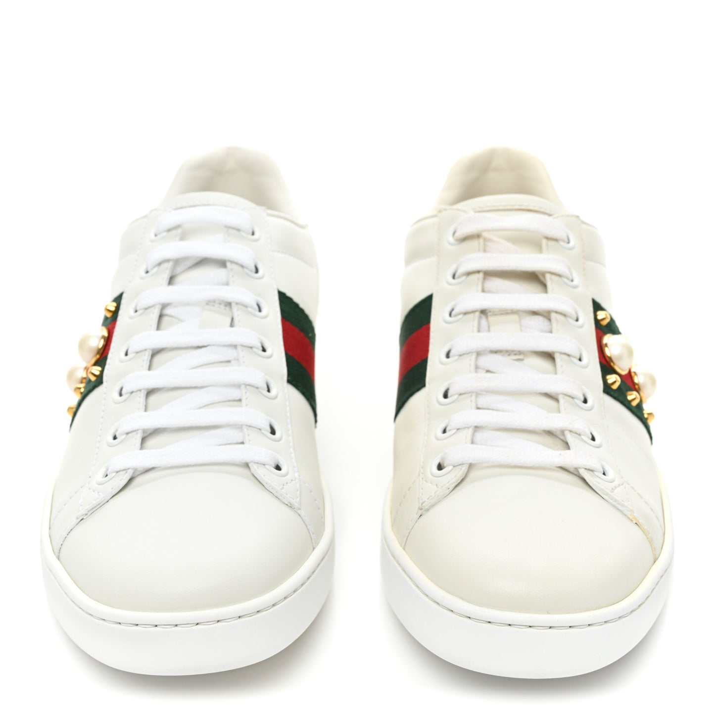 Calfskin Web Pearl Studded Womens Ace Sneakers 37.5 White