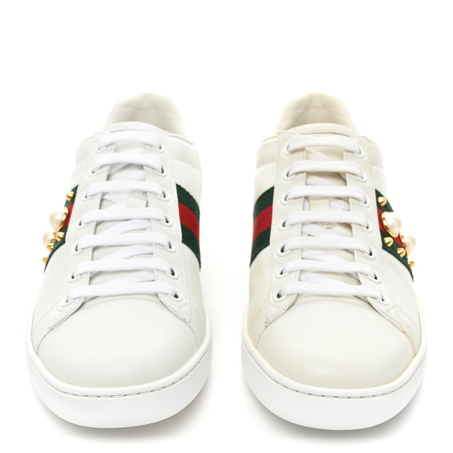 Gucci Calfskin Web Pearl Studded Womens Ace Sneakers 37.5 White 2 of 14
