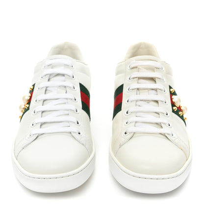 Gucci Calfskin Web Pearl Studded Womens Ace Sneakers 37.5 White 2 of 14