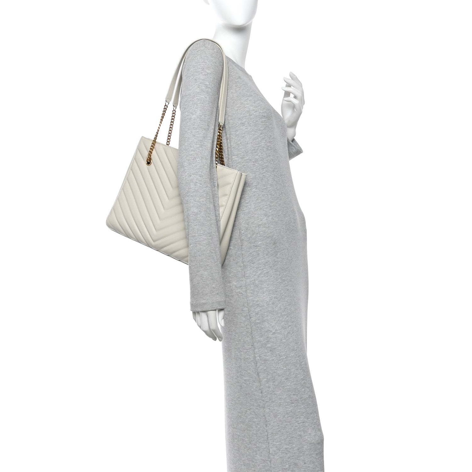 Saint Laurent Grain de Poudre Matelasse Chevron Medium Tribeca Shopping Bag Crema Soft 2 of 10