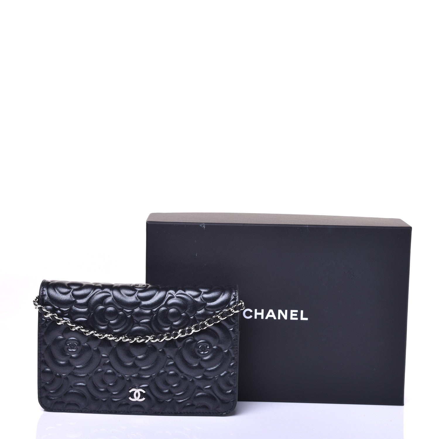 Chanel Goatskin Camellia Embossed Wallet on Chain WOC Black 9 of 9