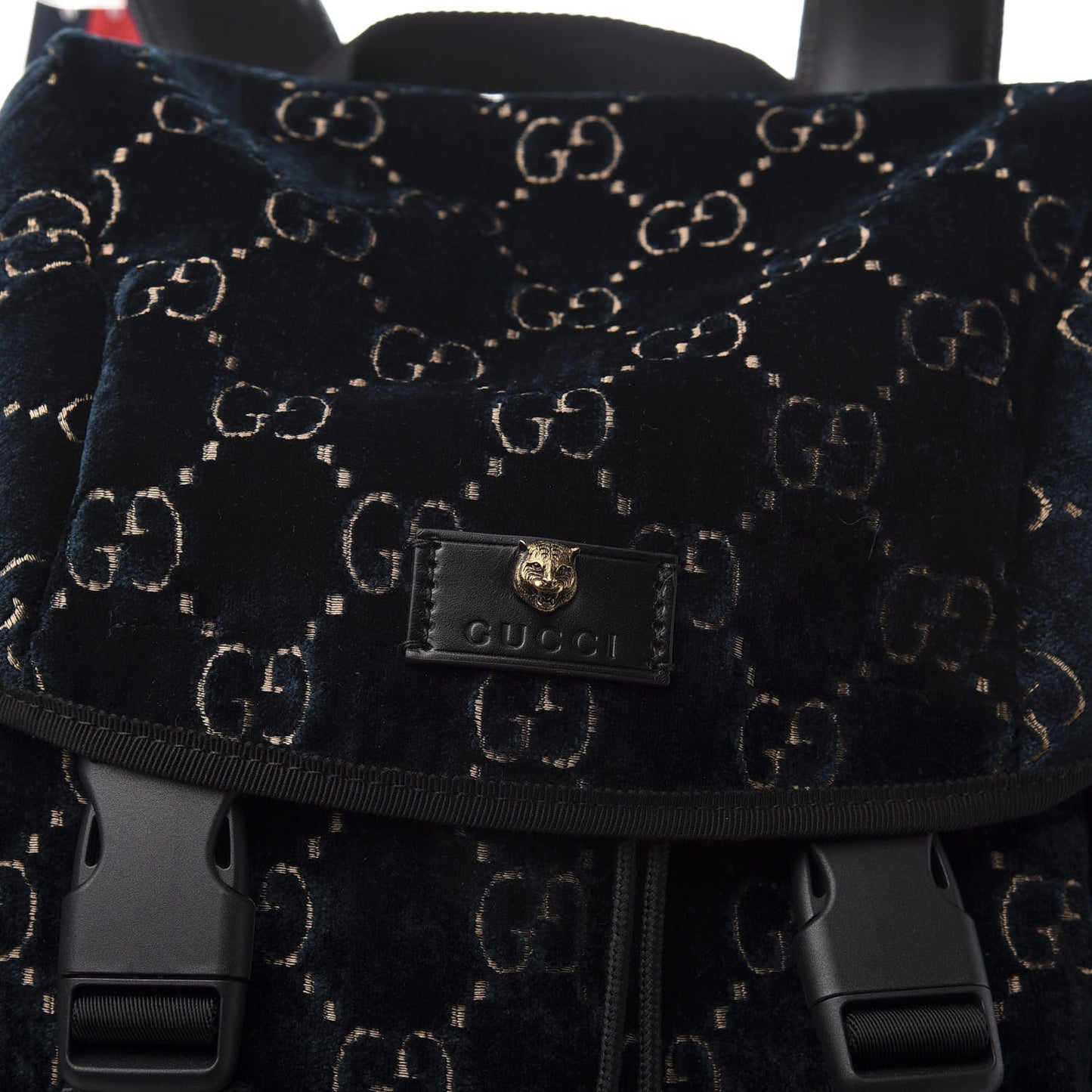Velvet GG Monogram Web Medium Double Buckle Backpack Blue Beige Black