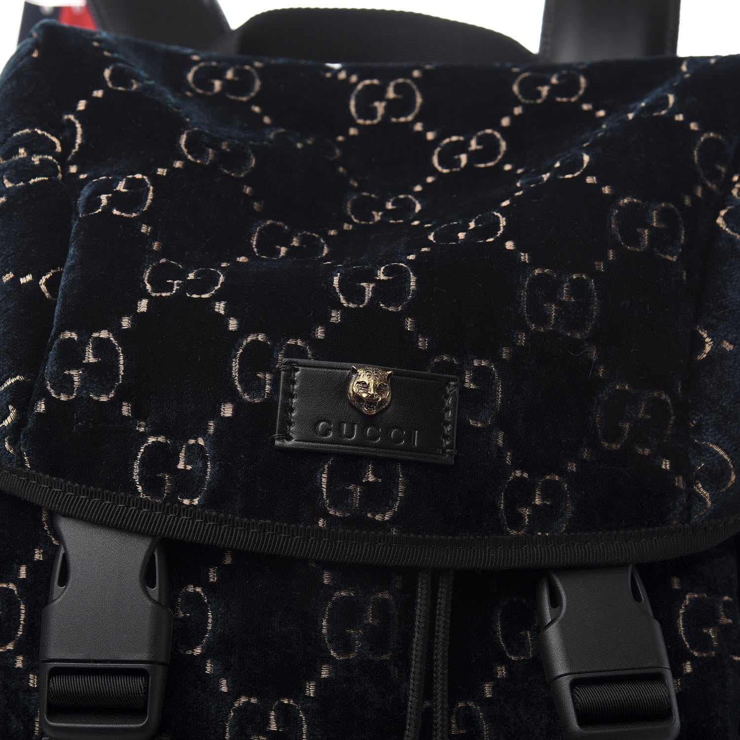 Gucci Velvet GG Monogram Web Medium Double Buckle Backpack Blue Beige Black 10 of 10