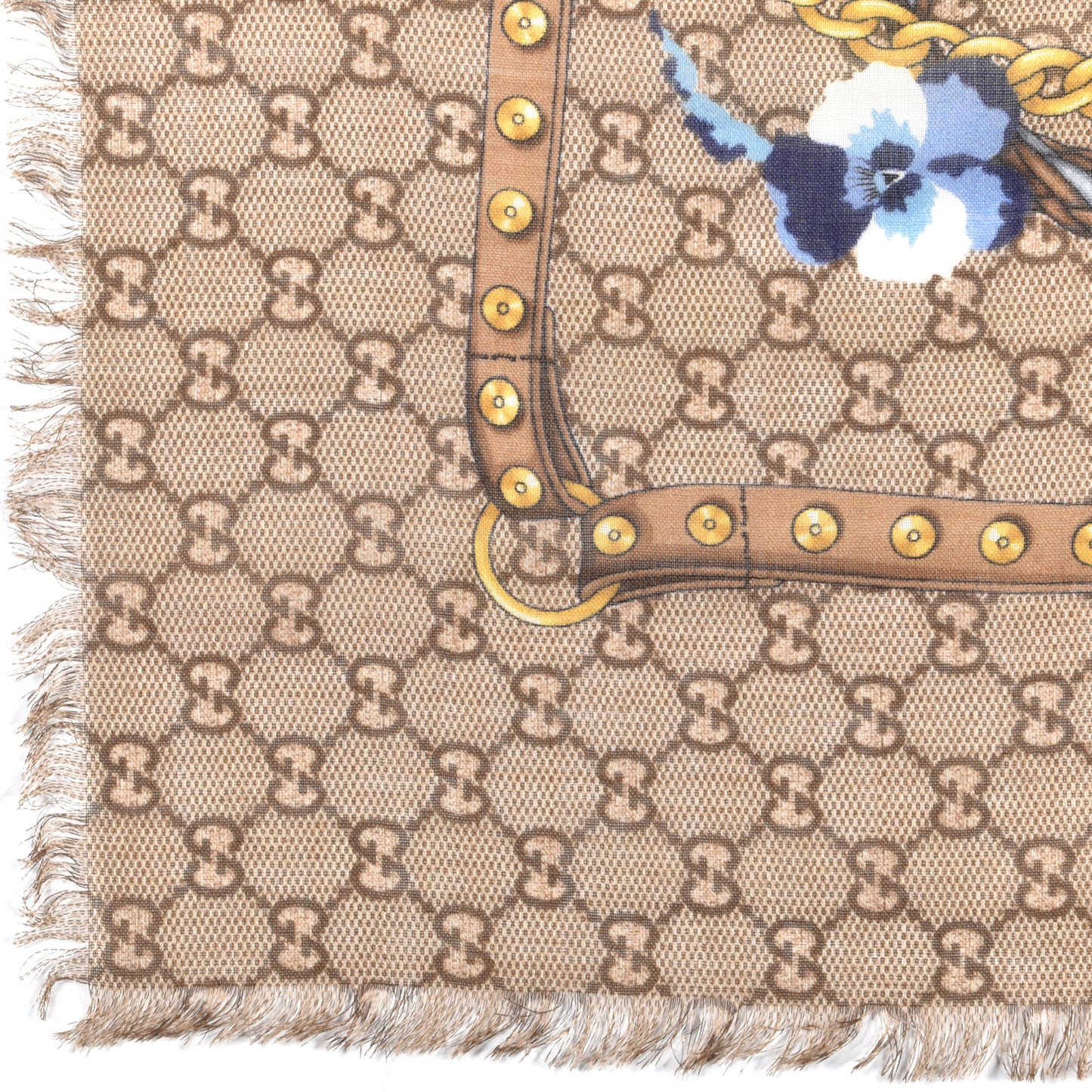 Wool Jacquard GG Monogram Big Panshie Fringe Shawl Sapphire Beige