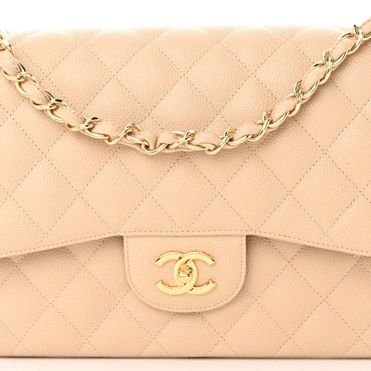 Caviar Quilted Jumbo Double Flap Beige