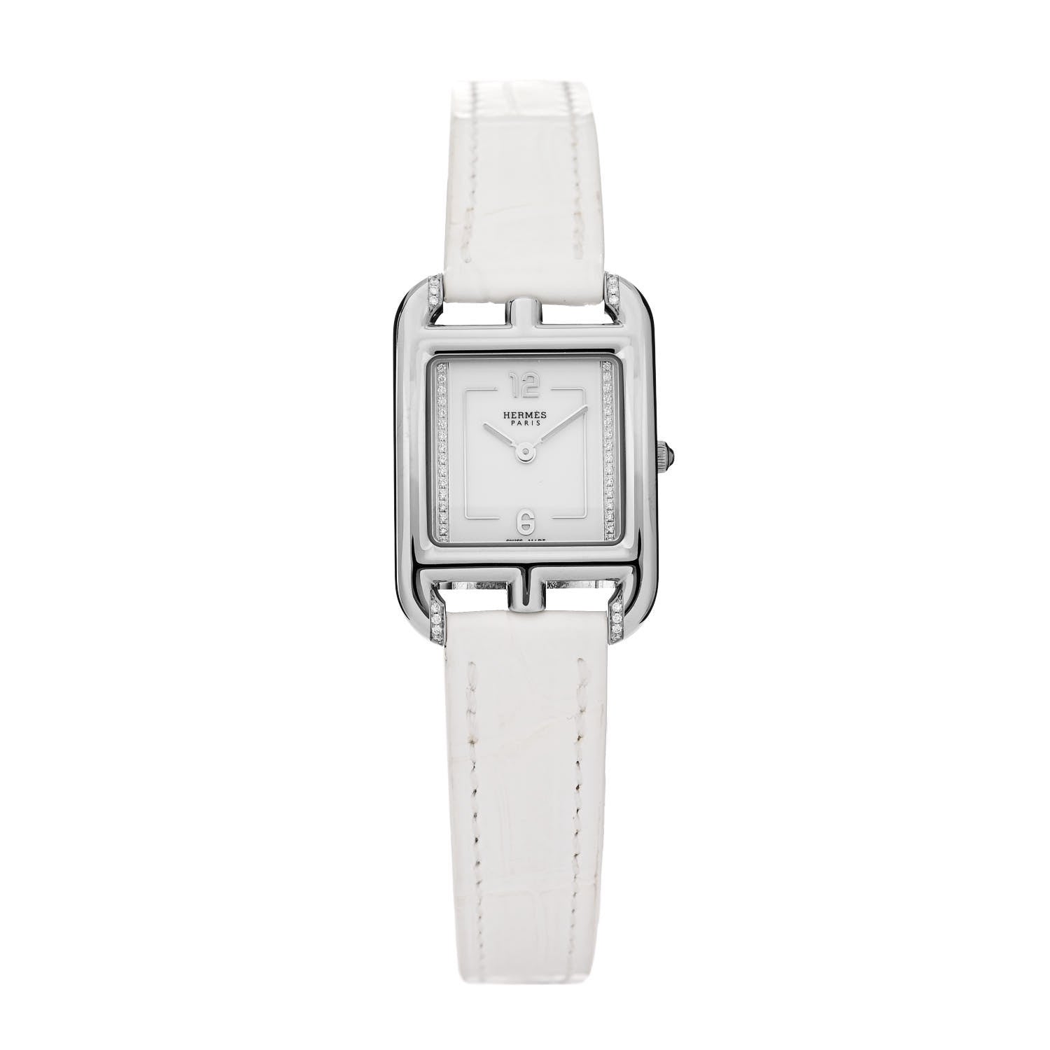 Hermes Stainless Steel Alligator Diamond Pave 23mm Cape Cod Quartz Watch Blanc 1 of 5