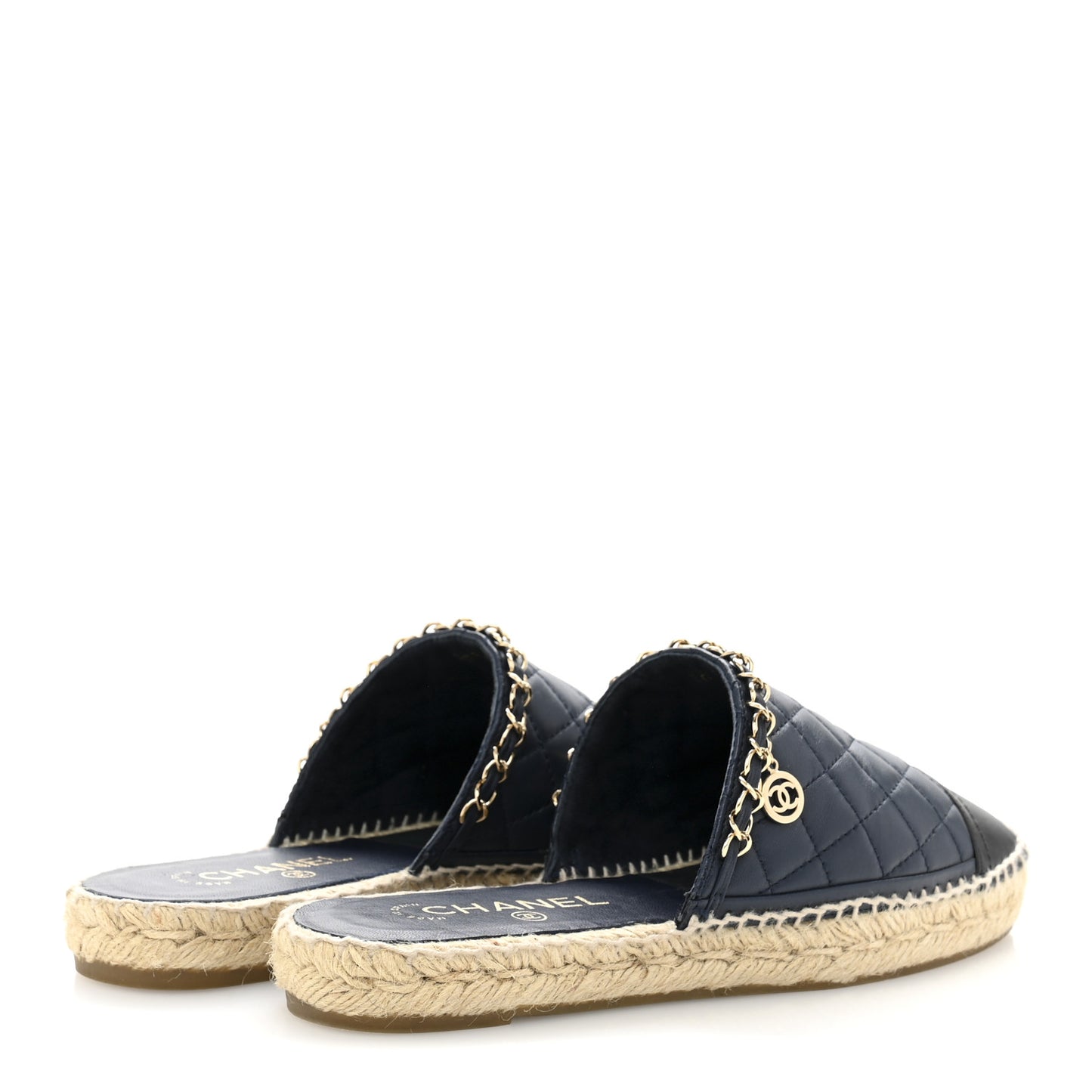 Lambskin Quilted CC Chain Espadrille Mules 38 Navy Black