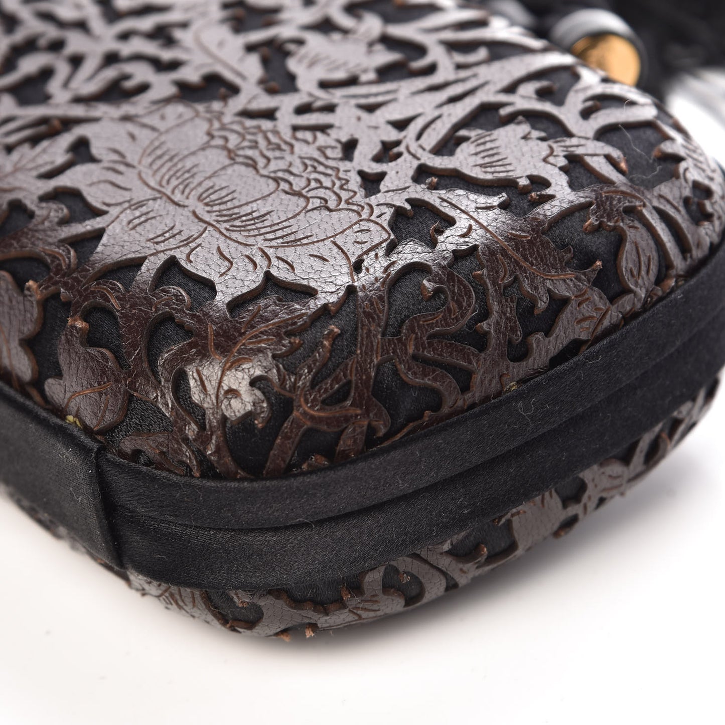 Satin Calfskin Floral Lace Tassel Knot Clutch Brown