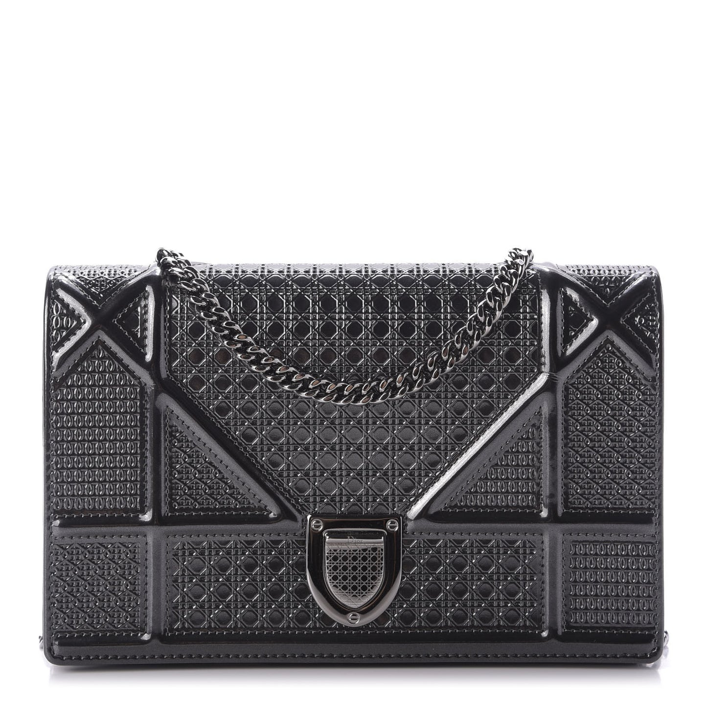 Metallic Patent Micro-Cannage Diorama Wallet on Chain Pouch Onyx Black