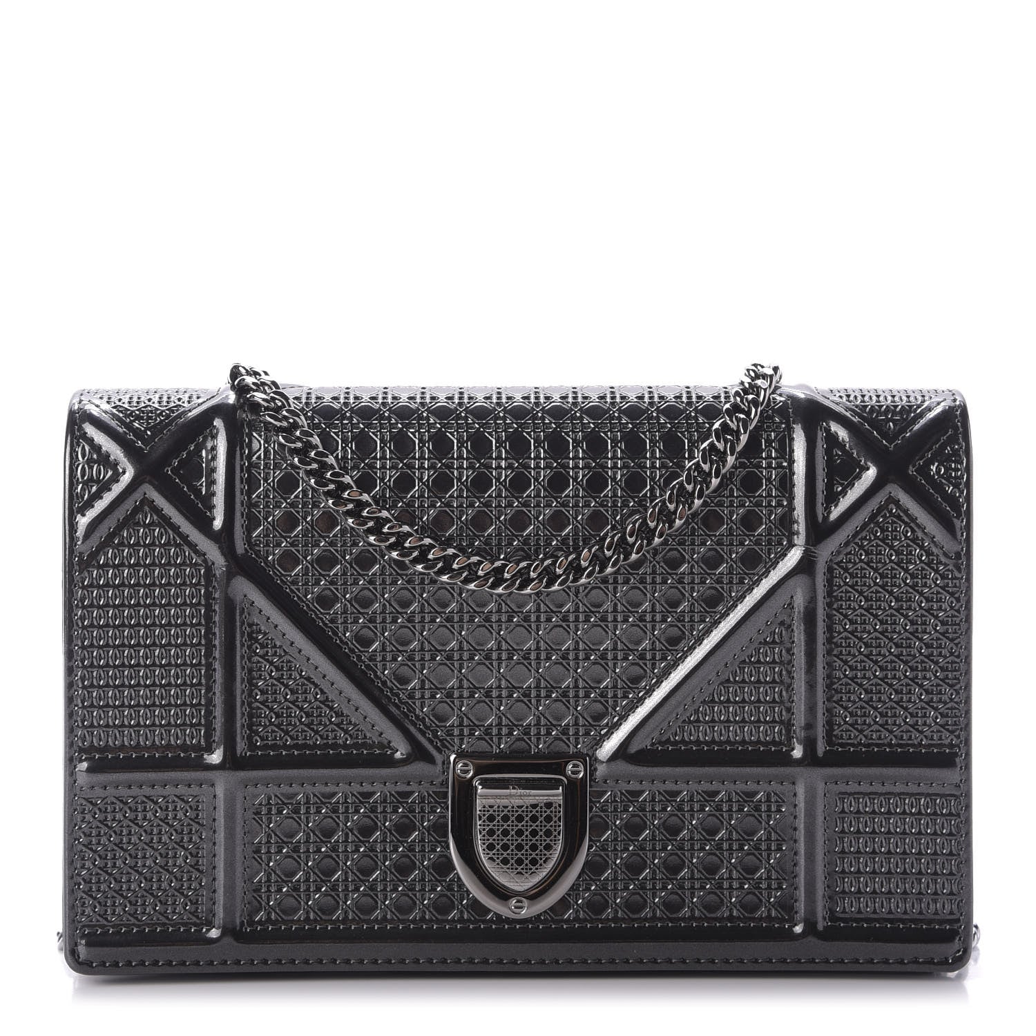 Christian Dior Metallic Patent Micro-Cannage Diorama Wallet on Chain Pouch Onyx Black 1 of 8