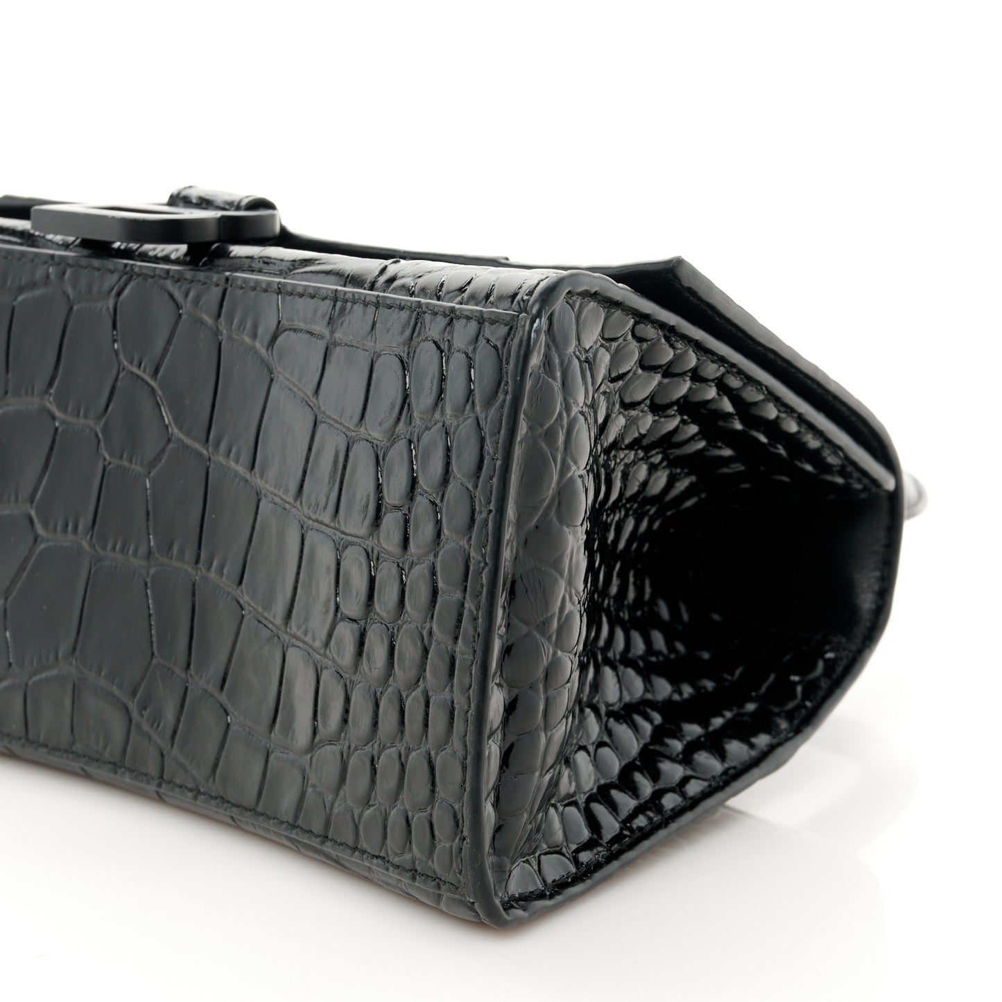 Shiny Calfskin Monochrome Crocodile Embossed Small Hourglass Top Handle Bag Black