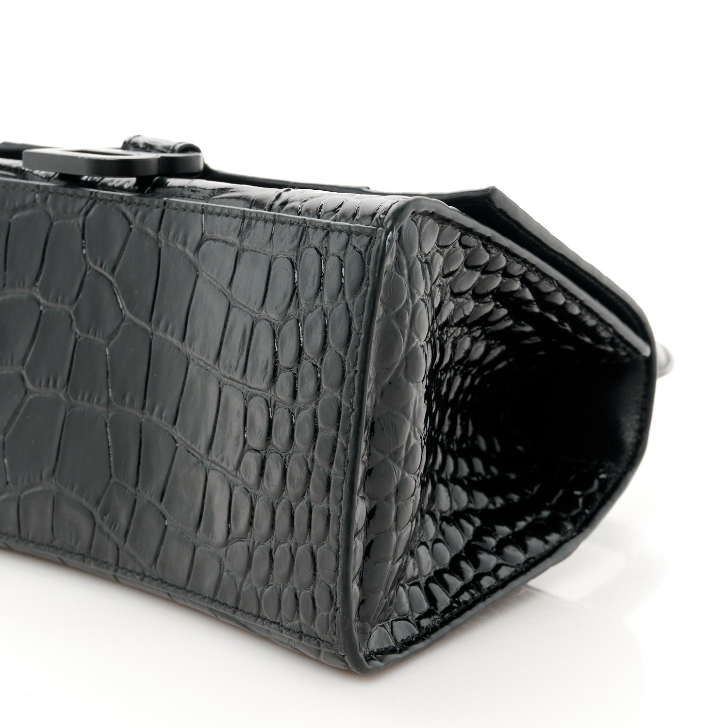 Balenciaga Shiny Calfskin Monochrome Crocodile Embossed Small Hourglass Top Handle Bag Black 10 of 11
