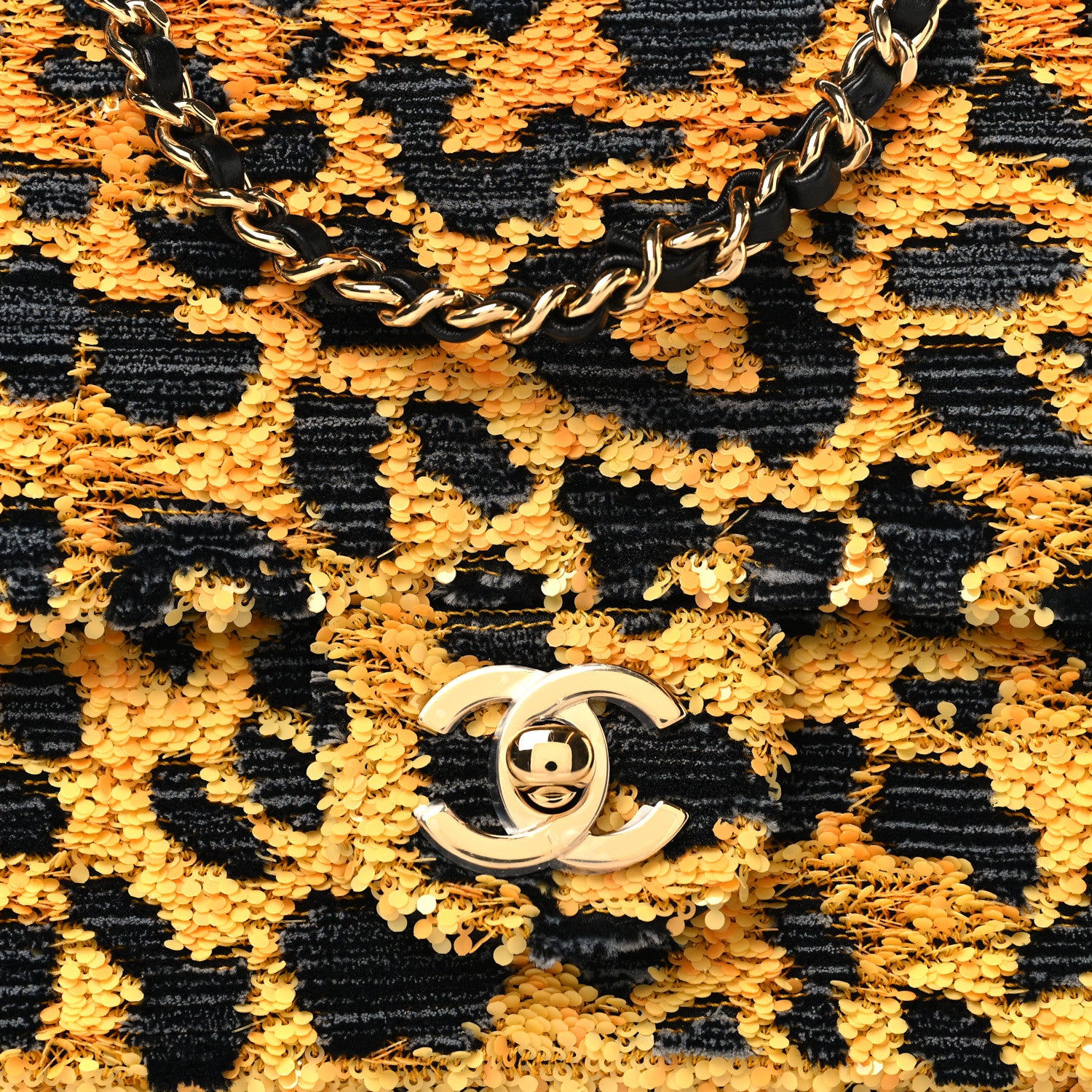 Chanel Sequin Mixed Fibers Leopard Print Mini Rectangular Flap Black Orange 16 of 21
