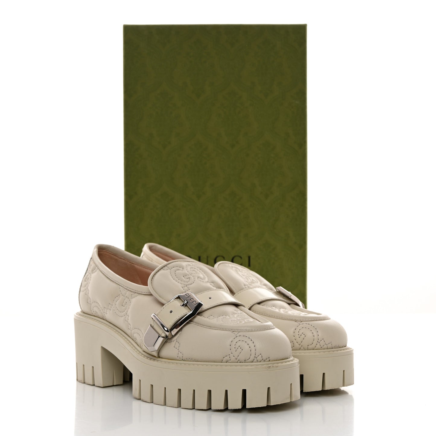 Nappa Cordovan Lux GG Matelasse Buckled Platform Lug Sole 60mm Loafers 36.5 Milk White