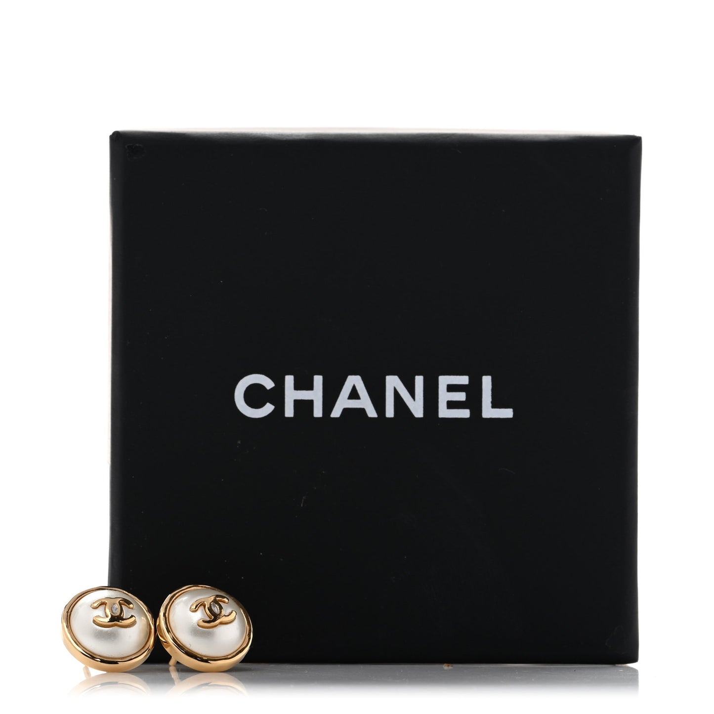 Resin Metal CC Stud Earrings Gold Pearly White