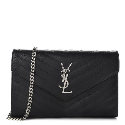 Saint Laurent Grain De Poudre Matelasse Chevron Monogram Chain Wallet Black 1 of 9
