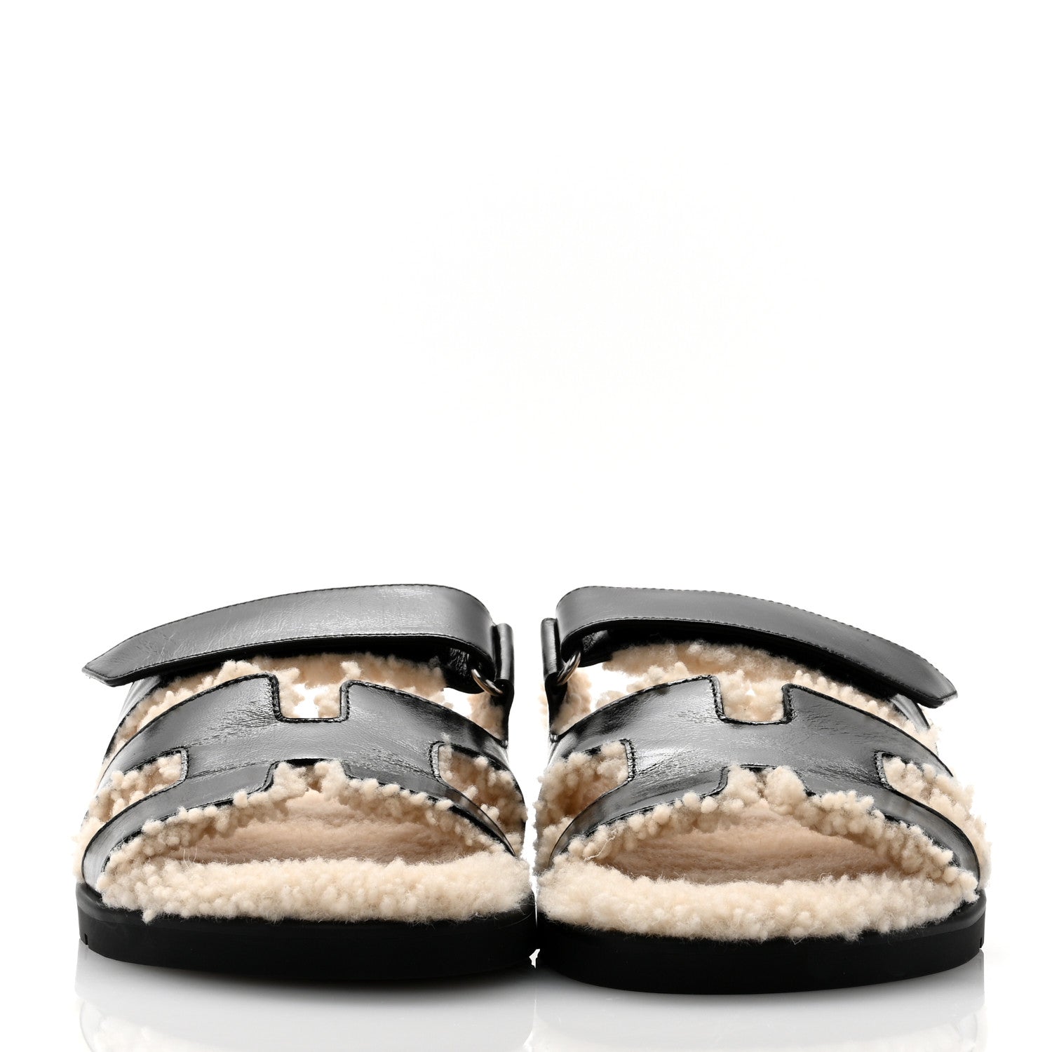 Hermes Glazed Nappa Woolskin Chypre Sandals 37.5 Black Ecru 2 of 9