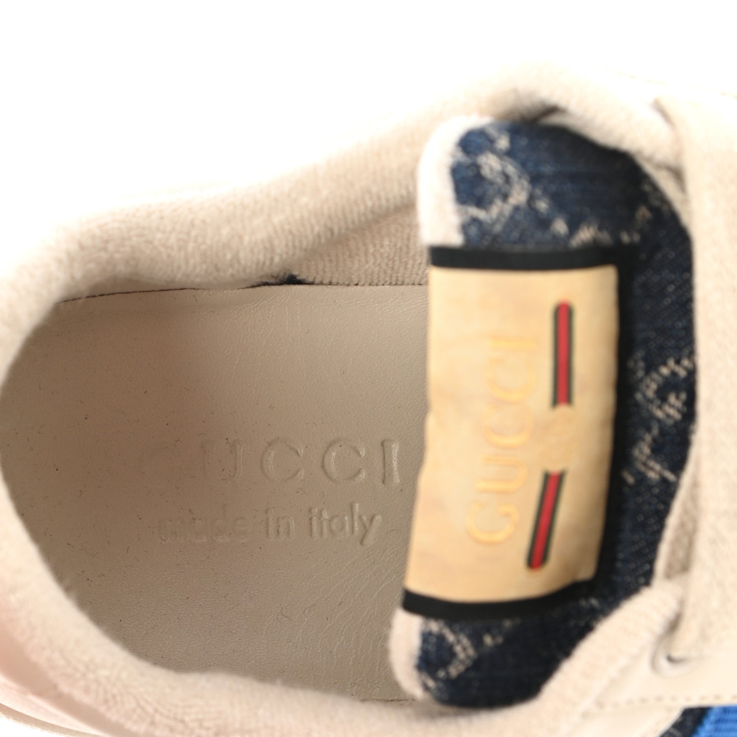 Denim GG Monogram Calfskin Web Mens Screener Sneakers 5 Blue Tea New Mystic White