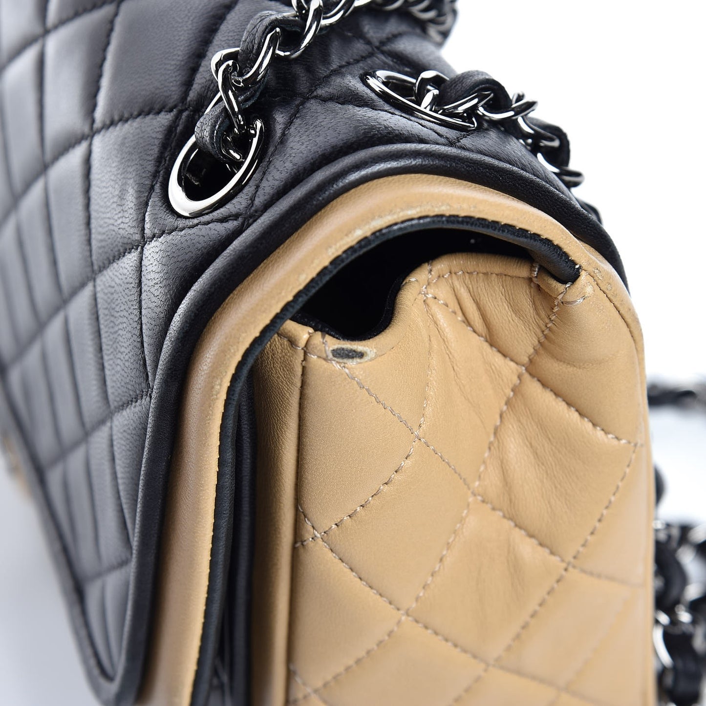 Lambskin Quilted Large Twist Two Tone Flap Bag Black Beige