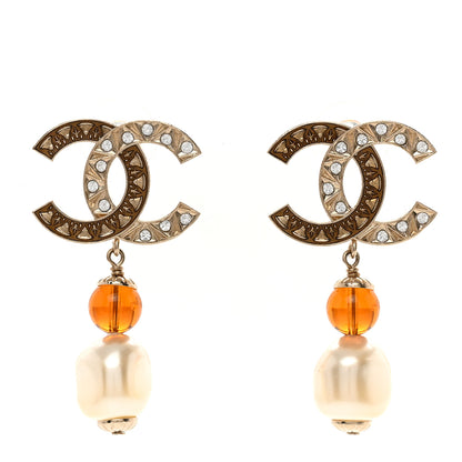 Chanel Crystal Pearl Resin CC Drop Earrings Gold White Brown 1 of 6