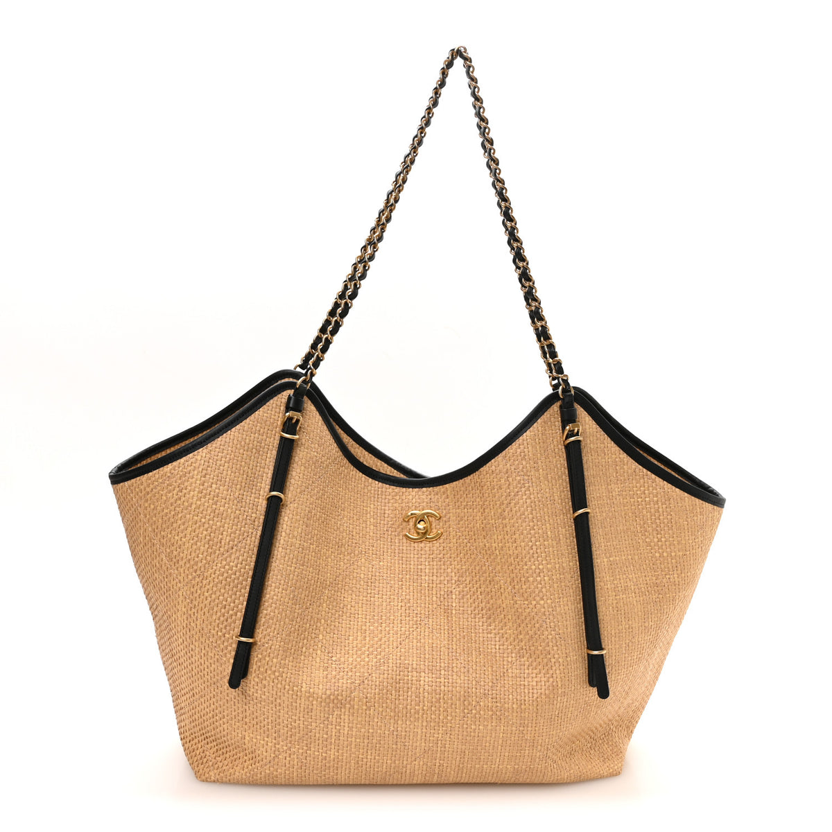 Braided Raffia Stitched Maxi Shopping Bag Dark Beige Black