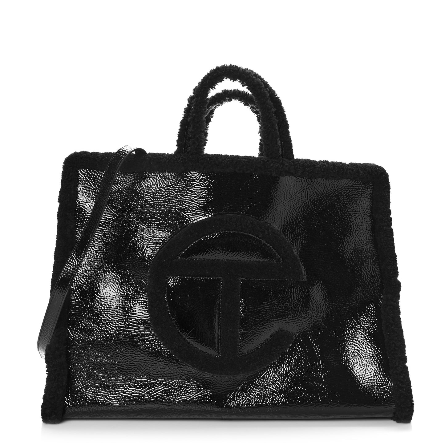 X UGG Crinkle Patent Shearling Large Shopping Bag Black
