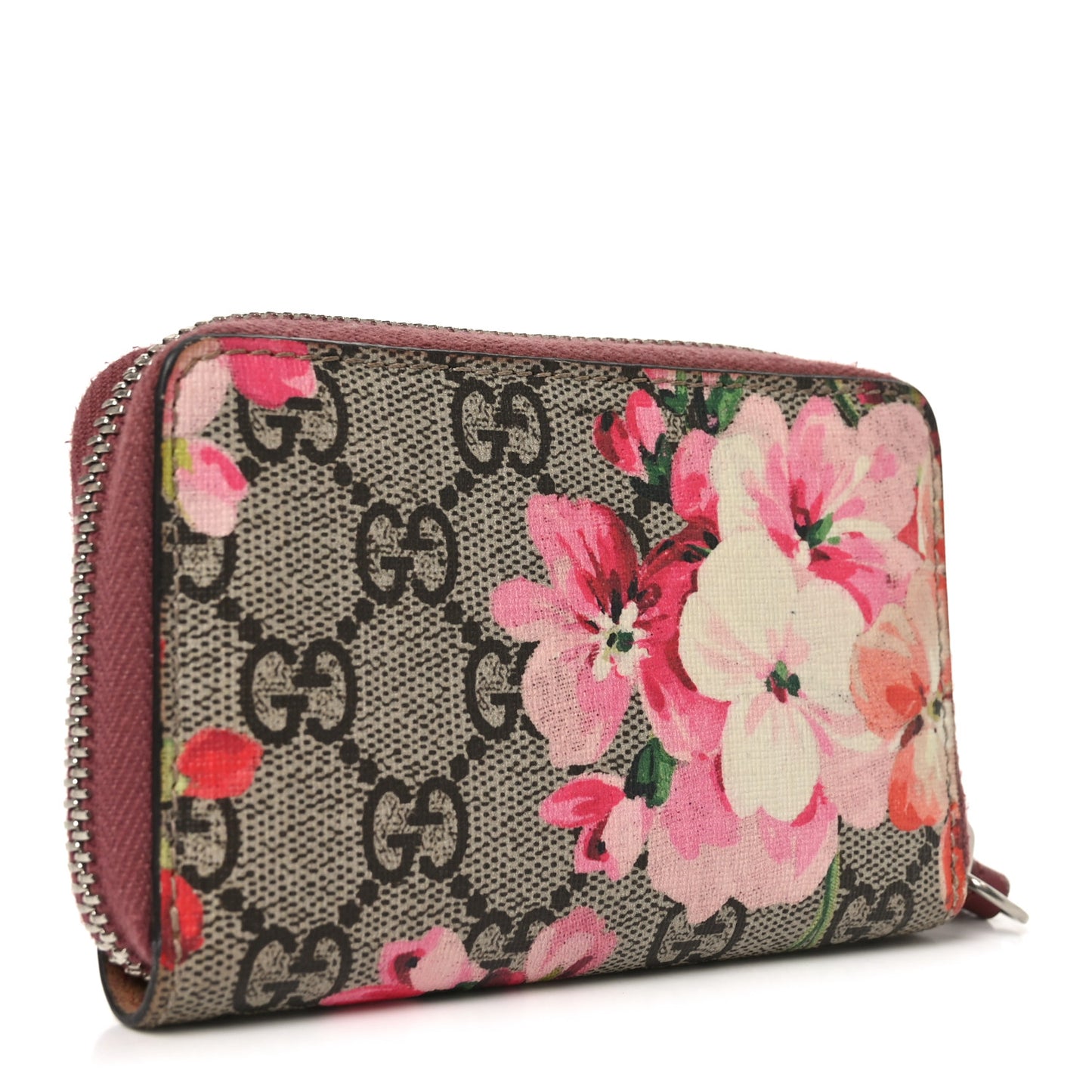 GG Supreme Monogram Blooms Zip Around Card Case Wallet Beige Multicolor Dry Rose