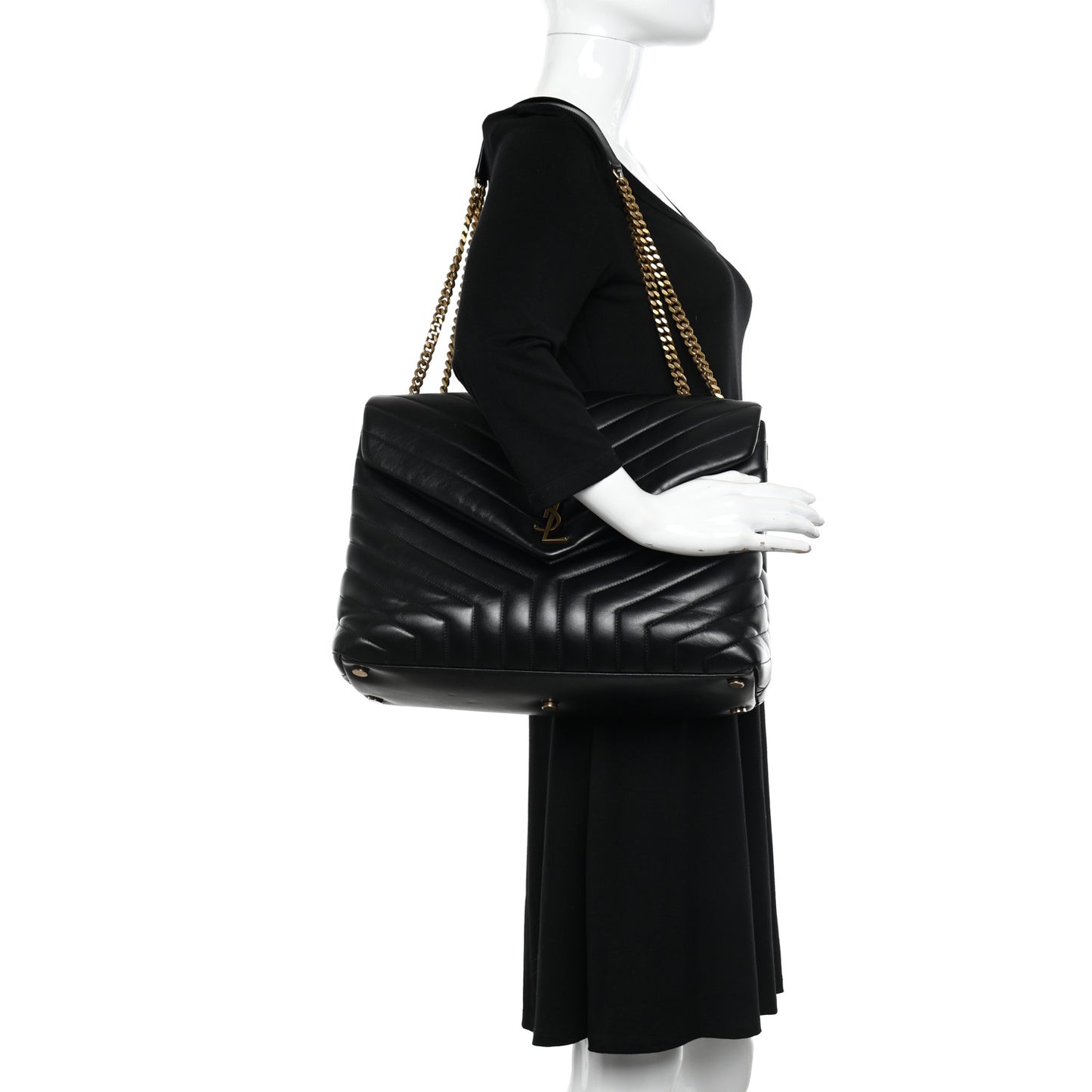 Calfskin Y Quilted Monogram Large Loulou Chain Satchel Black