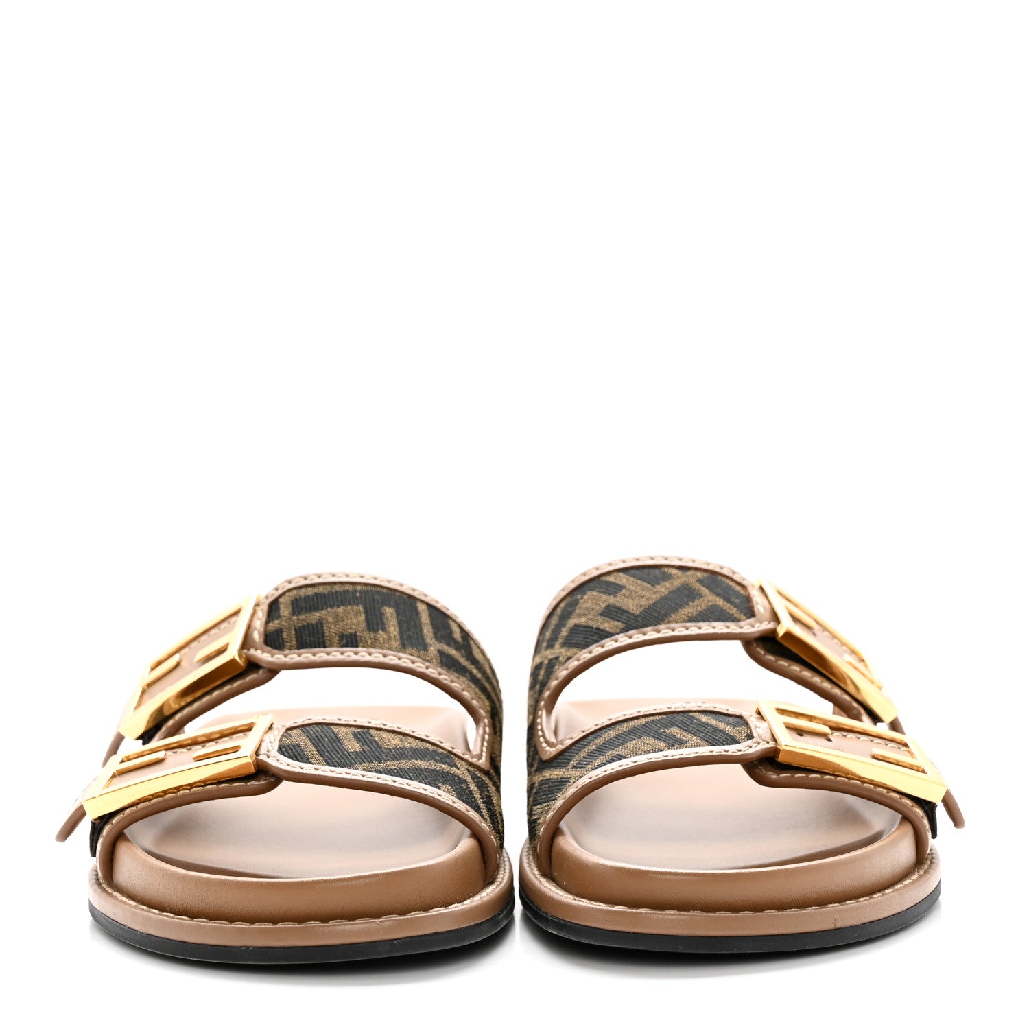 Fendi Fabric Jacquard Nappa FF Womens Fendi Feel Buckled Slide Sandals 37 Tobacco Black Miele Scuro 2 of 14